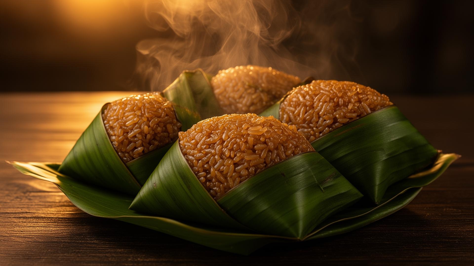 Steaming Chinese sticky rice bundles wrapped in fragrant banana leaves