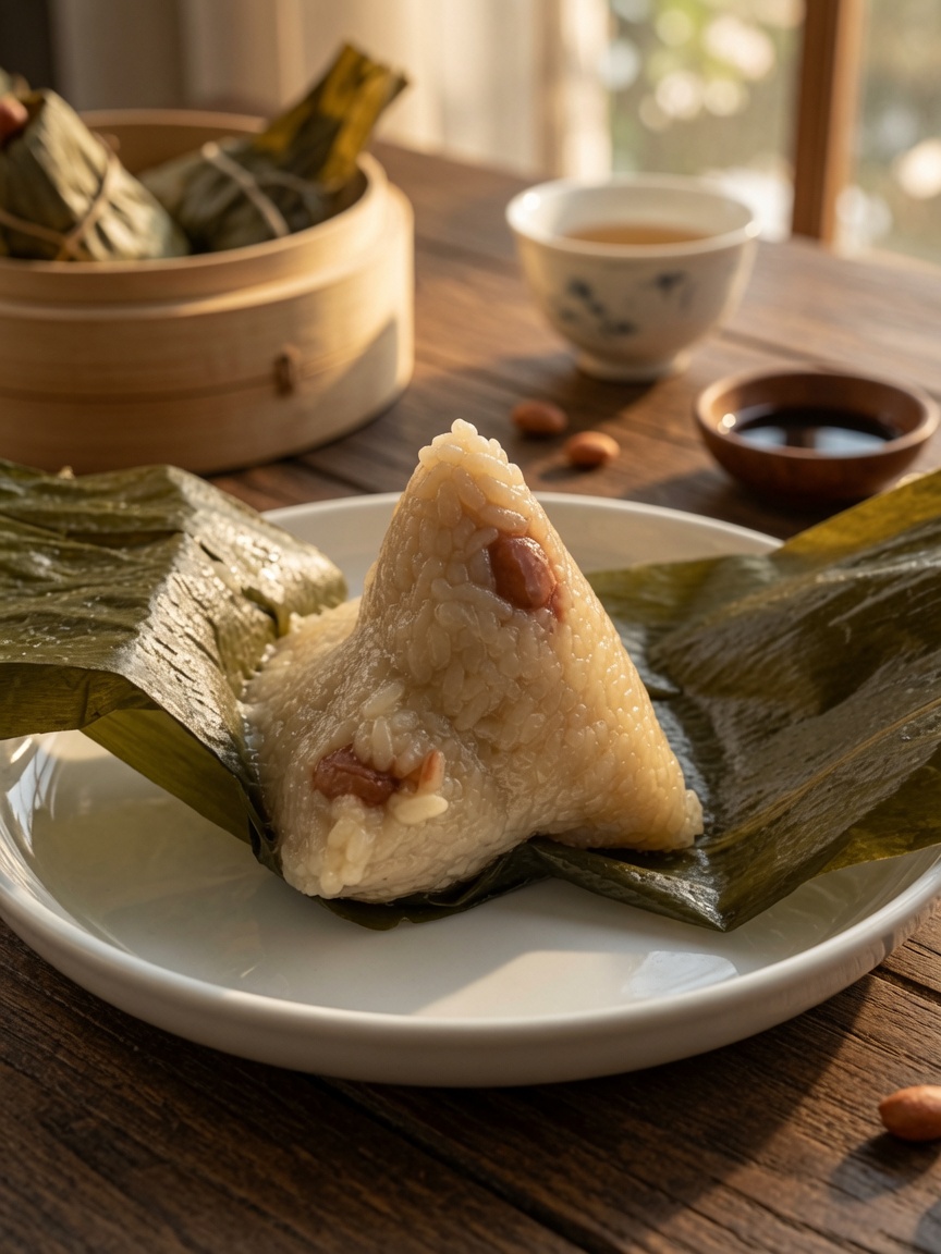 Hands wrapping sticky rice in a fresh banana leaf
