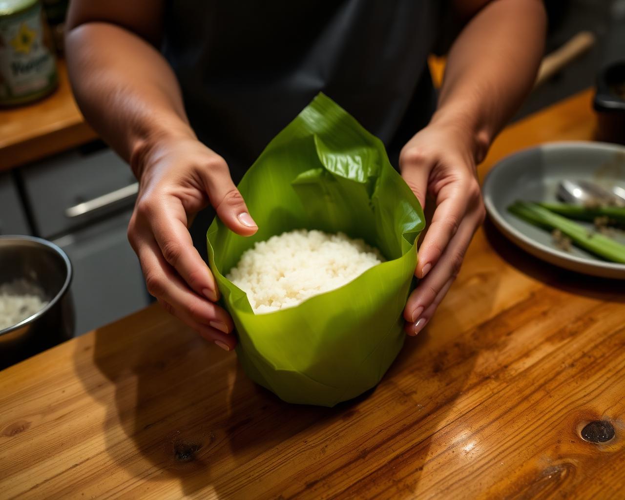 Hands wrapping sticky rice in a fresh banana leaf